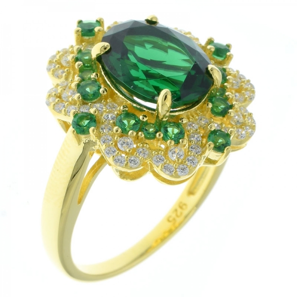 925 خاتم فضة مطلية بالذهب والمجوهرات زهرة مع الأخضر نانو 