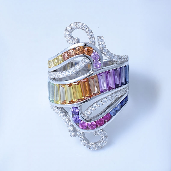 قوس قزح متعدد الألوان الروديوم على خواتم مصمم الفضة الاسترليني 