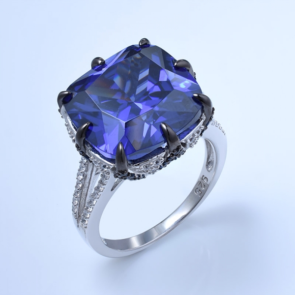 قطع وسادة خلق الروديوم تنزانيت الأزرق أكثر من 925 خاتم الزفاف الاشتباك الفضة الاسترليني 