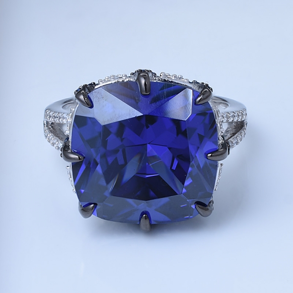 قطع وسادة خلق الروديوم تنزانيت الأزرق أكثر من 925 خاتم الزفاف الاشتباك الفضة الاسترليني 