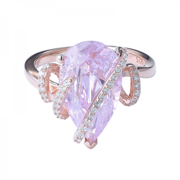 النساء المجوهرات المخصصة 5 قيراط الوردي محاكاة الماس مطعمة الدمعة شكل خاتم الزواج النساء 