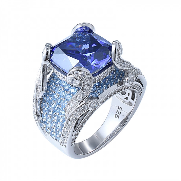 جذابة جميلة مطلية بالذهب الأبيض وسادة زهرة الفضة الماس الأزرق تنزانيت خاتم الماس المرأة 