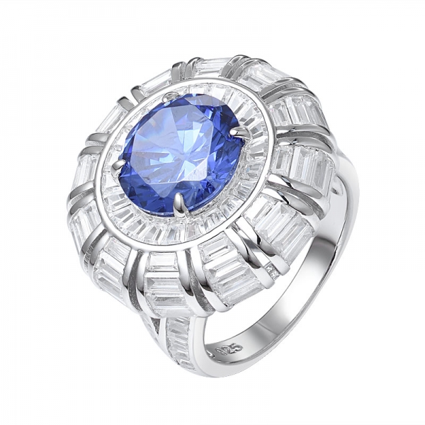 خلق الأزرق الملكي تنزانيت & الرغيف الفرنسي قطع الماس خاتم من الذهب الأبيض 18KT 