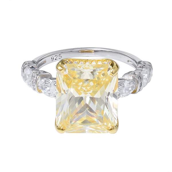 أميرة 8 قيراط قطع الماس الأصفر الروديوم المقلد على خاتم فضي 
