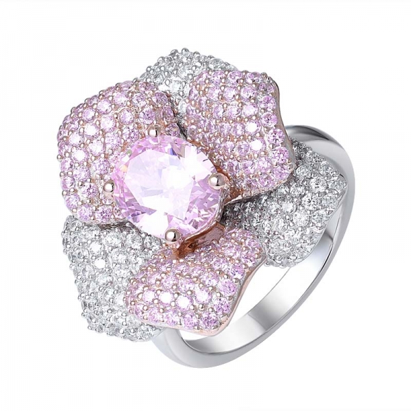 معمل صنع الماس الوردي 2 مجموع الوزن بالقيراط قطع بيضاوية من الروديوم فوق خاتم وردة من الفضة 