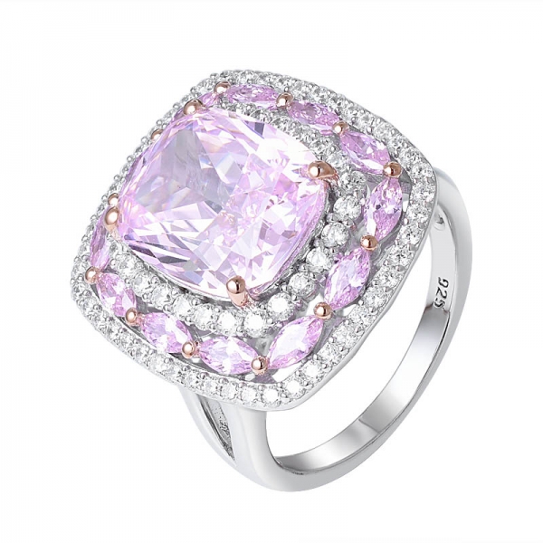 قطع الماس الوردي مقلد الروديوم على خاتم فضة هالة 