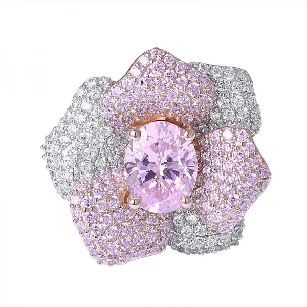 معمل صنع الماس الوردي 2 مجموع الوزن بالقيراط قطع بيضاوية من الروديوم فوق خاتم وردة من الفضة 