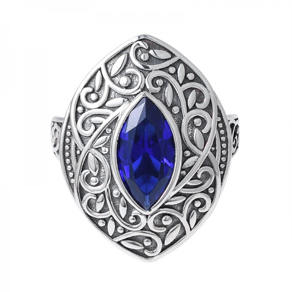 ماركيز قطع الياقوت الأزرق المطلي بالأسود 925 مزود خاتم فضة مجوهرات 