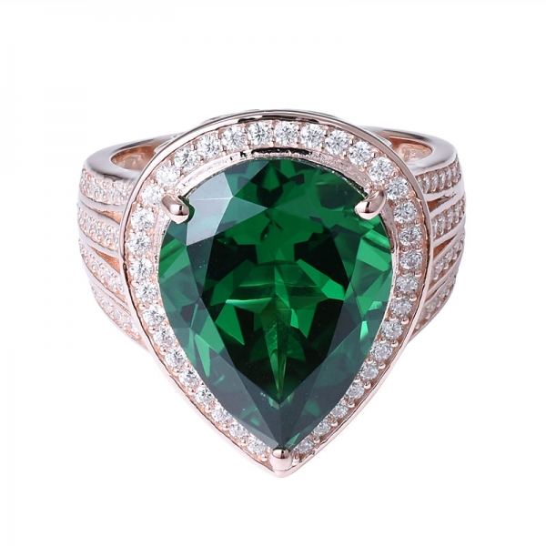 خلق شكل الكمثرى الأخضر الزمرد الذهب على خاتم الخطوبة الفضة الاسترليني للنساء 