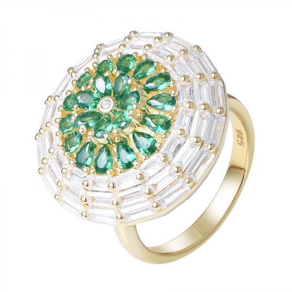 شكل الكمثرى الأخضر الزمرد الذهب الأصفر على خاتم العنقودية الفضية الاسترليني 