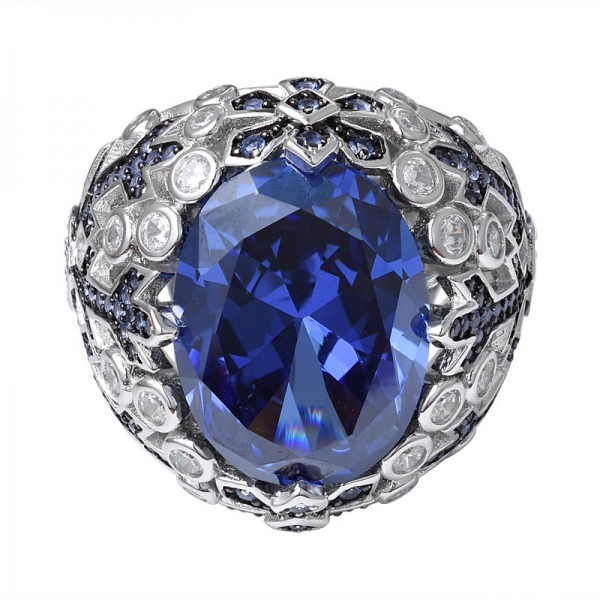 خلق قطع بيضاوي أزرق تنزانيت 2 لهجة الحجر مطلي فوق خاتم الخطوبة الفضة الاسترليني 