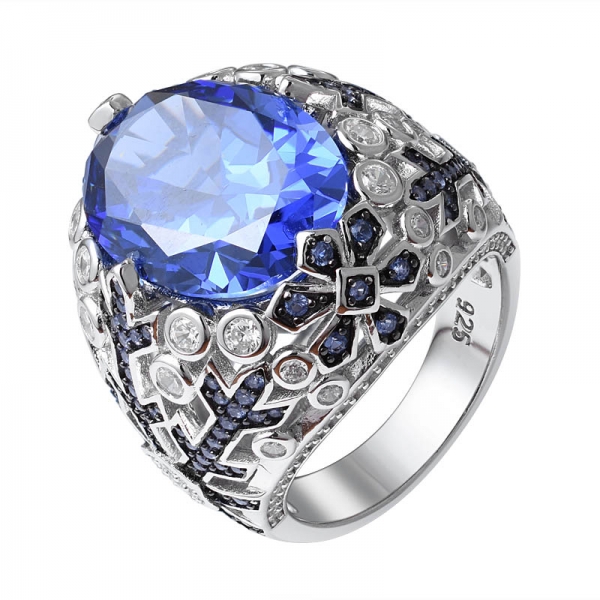 خلق قطع بيضاوي أزرق تنزانيت 2 لهجة الحجر مطلي فوق خاتم الخطوبة الفضة الاسترليني 