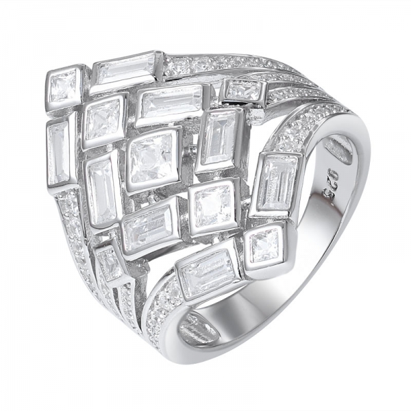 مكعب زركونيا أبيض مربع قطع الروديوم على خاتم فضة تصميم العنقودية الاسترليني 