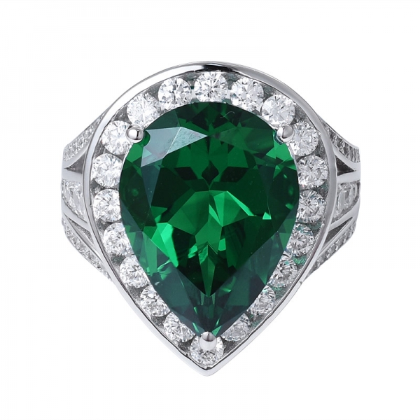 خلق قطع الكمثرى الروديوم الأخضر الزمرد على خاتم الفضة الاسترليني للنساء 