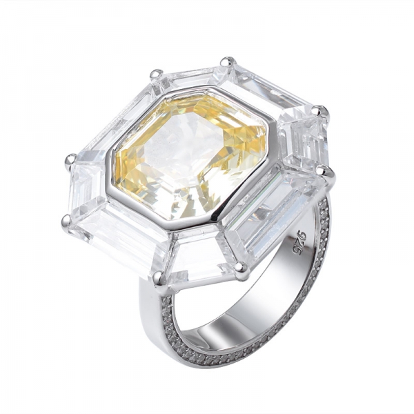  Asscher قطع محاكاة الروديوم الأصفر الماس على خاتم الفرقة الفضة الاسترليني 