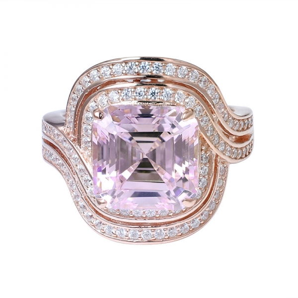  Asscher قطع الماس الوردي تقليد الذهب الوردي فوق 925 خاتم زواج من الفضة الإسترليني 