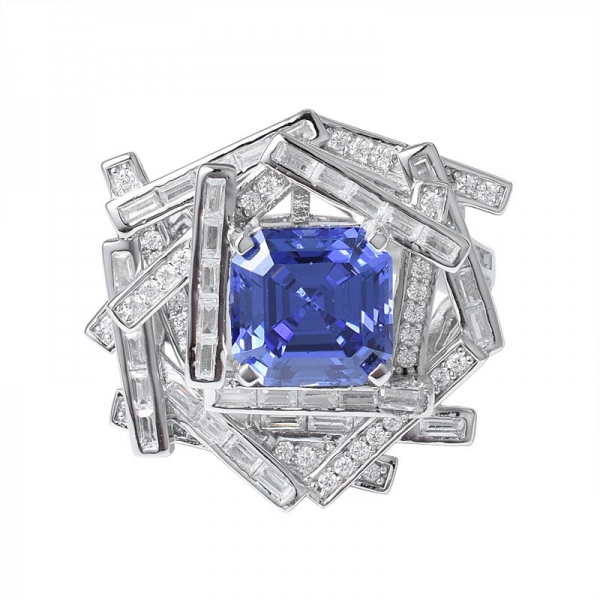 أزرق تنزانيت خلق Asscher قطع الروديوم فوق 925 خاتم فضة مجموعة مجوهرات 