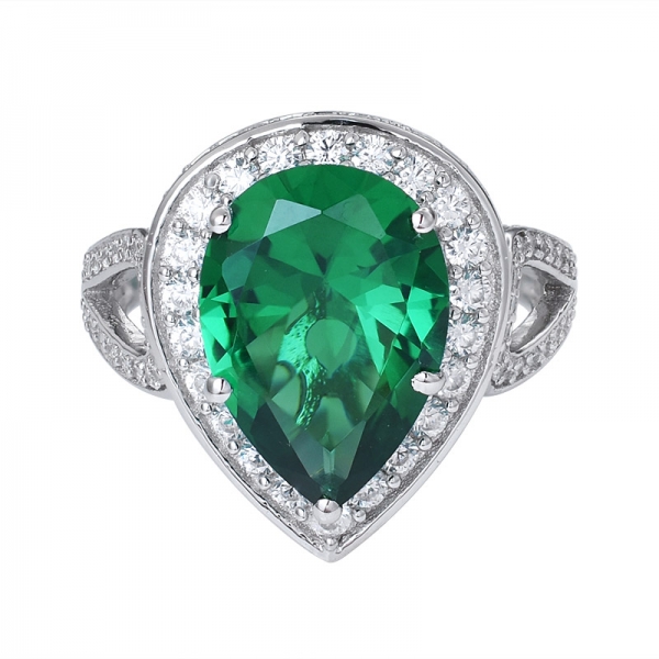 خلق الزمرد الأخضر الروديوم قطع الكمثرى على خاتم الخطوبة الفضة الاسترليني 