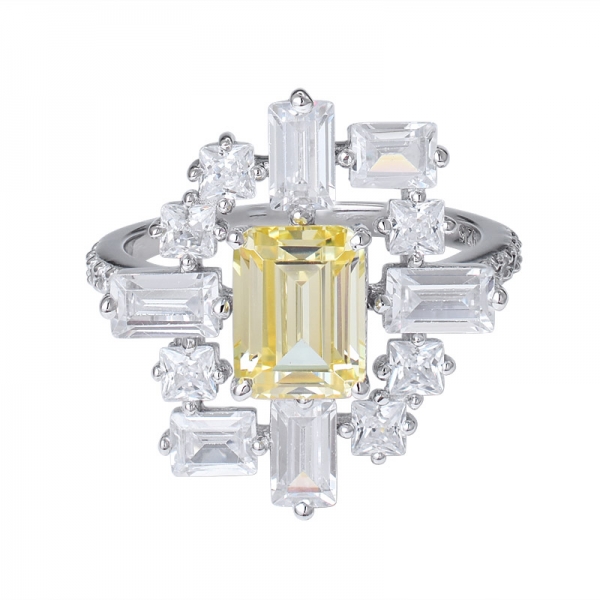 1 قيراط خلق الروديوم الماس الأصفر قطع الزمرد على خاتم بيان الفضة الاسترليني 