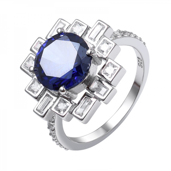 أزرق تنزانيت صنع الروديوم المقطوع المستدير فوق 925 خاتم الفضة الاسترليني 