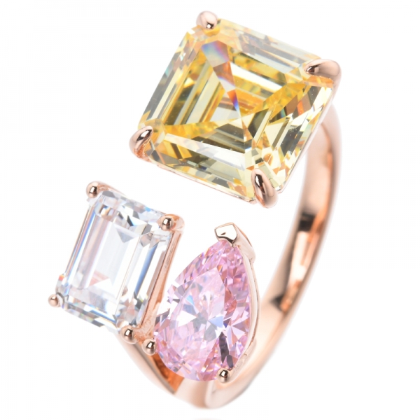  Asscher & Pear & Emerald ارتفع الذهب فوق الاسترليني الفضة 3 الأحجار حلقات الخطوبة العتيقة 