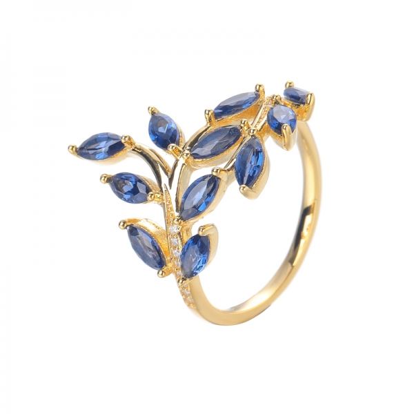 خلق الياقوت الأزرق حجر كريم مطلي بالذهب الأصفر الفضة الاسترليني ورقة الزيتون شكل خاتم الزواج 