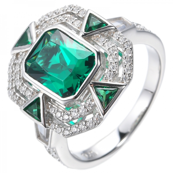 خاتم فضة مطلي بالروديوم عيار 925 مرصع بحجر الزركونيا الأخضر الزمردي والأبيض
 