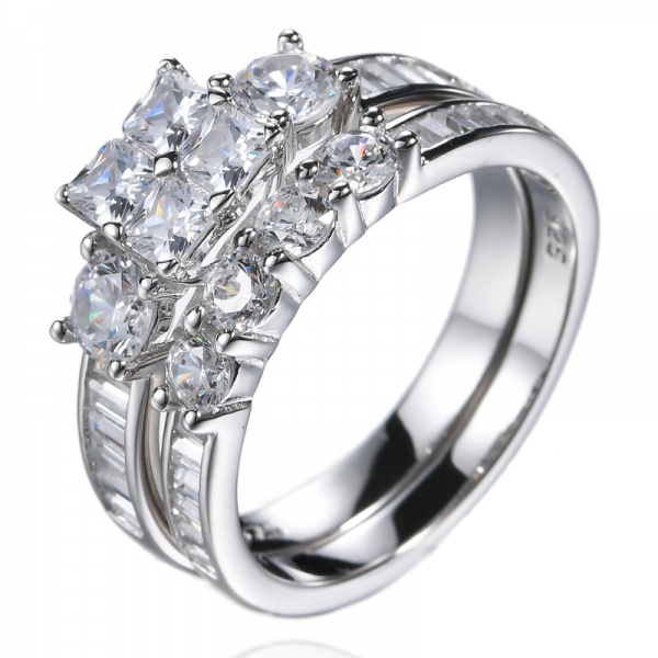 طقم خاتم خطوبة زفاف من الفضة الإسترليني على شكل أميرة مكعب زركونيا تشيكوسلوفاكيا
 