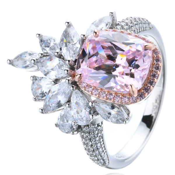 وسادة الماس الوردي مكعب زركونيا مركز اثنين من تصفيح حلقة فضية اللون
 