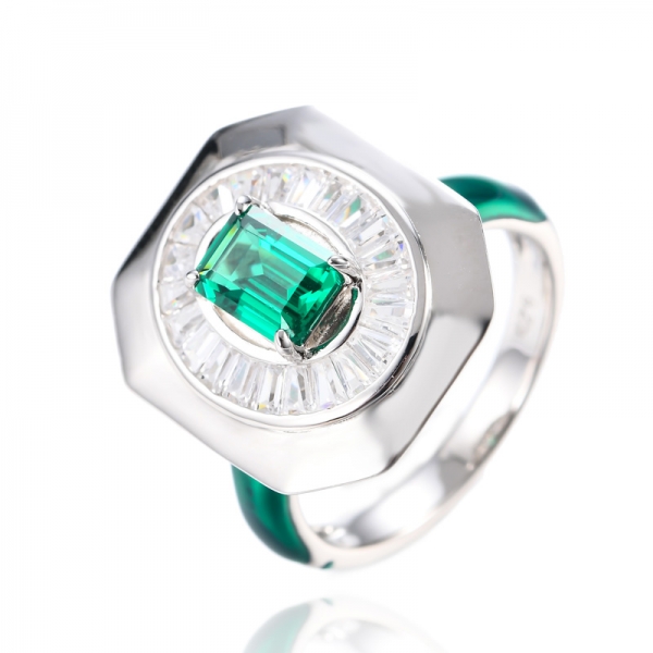 خاتم فضة إسترليني عيار 925 بتصميم آرت ديكو من المينا الخضراء على شكل هالو 