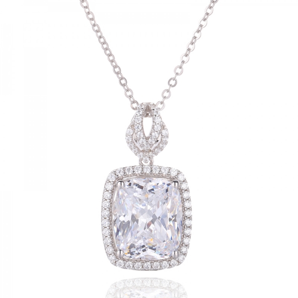 Cushion And Round White Cubic Zircon Rhodium Silver Pendant 