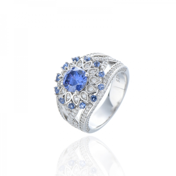 Round Tanzanite And Round White Cubic Zircon Rhodium Silver Ring 