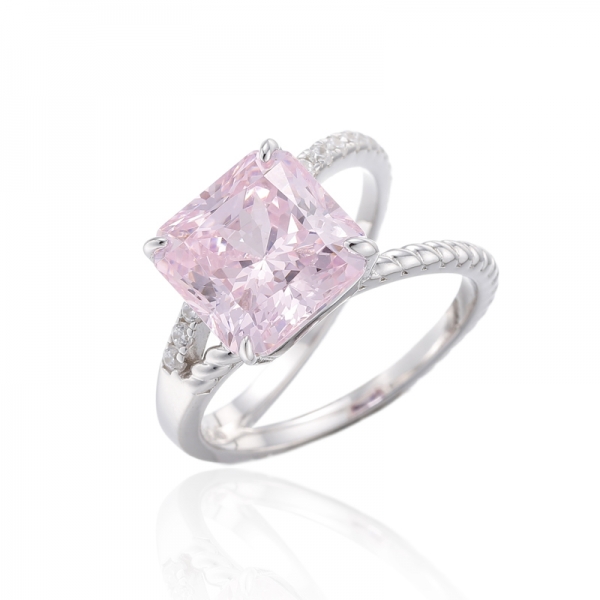 Octagon Diamond Pink And Round White Cubic Zircon Rhodium Silver Ring 