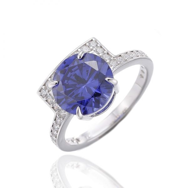 Round Tanzanite And White Cubic Zircon Rhodium Silver Ring 