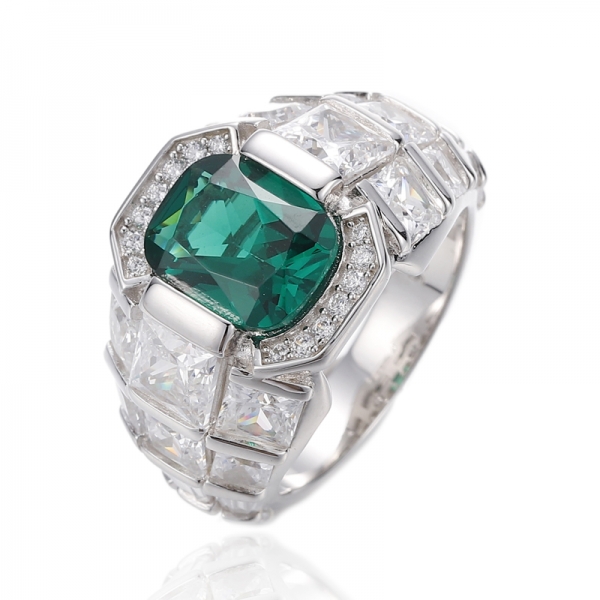 Cushion Green Nano And White Cubic Zircon Rhodium Silver Ring 