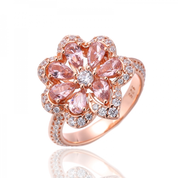 Pear Shape Morganite Nano And Round White Cubic Zircon Silver Ring With Rose Glod Plating 