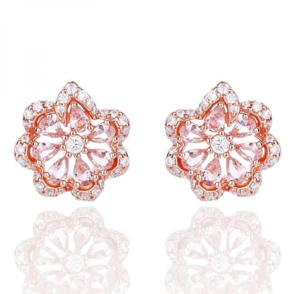 Pear Shape Morganite Nano And Round White Cubic Zircon Silver Earring With Rose Glod Plating 