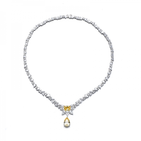 Octagon Diamond Yellow And White Cubic Zircon Rhodium Silver Necklace 