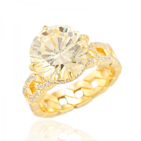 Ruond الماس الأصفر والأبيض مكعب الزركون خاتم الفضة مع طلاء الذهب 
