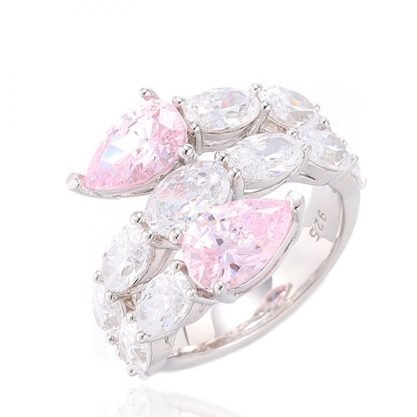 925 شكل الكمثرى الماس الوردي والشكل البيضاوي الأبيض مكعب الزركون الروديوم تصفيح خاتم الفضة 