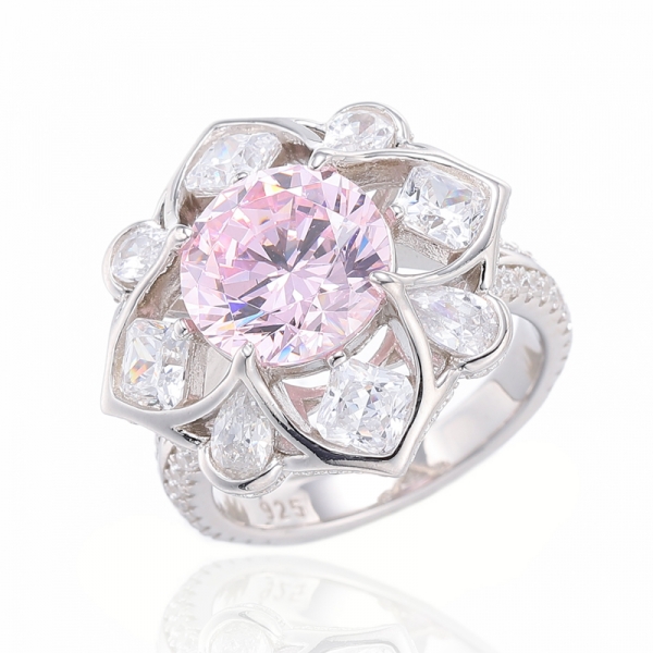 خاتم دائري من الماس الوردي والمثمن الأبيض والزركون والروديوم الفضي 