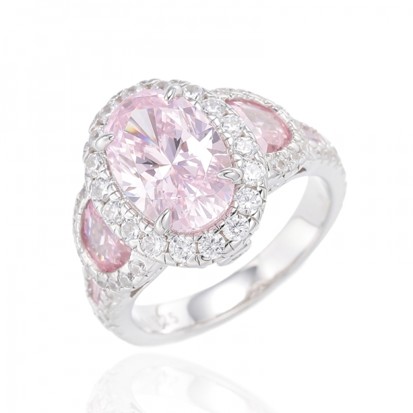 شكل بيضاوي الماس الوردي ونصف القمر الشكل الوردي مكعب الزركون الروديوم تصفيح خاتم الفضة 