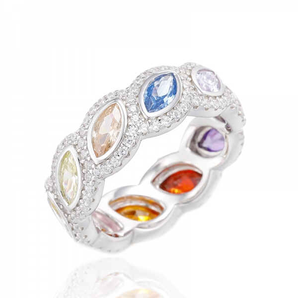 خاتم ماركيز متعدد الألوان ومكعب أبيض مستدير من الفضة المطلية بالروديوم والزركون 