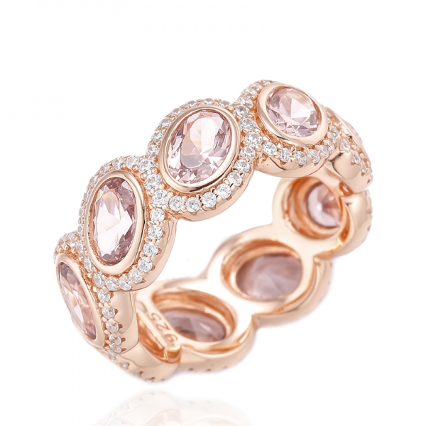 خاتم مورجانيت نانو بيضاوي الشكل وخاتم الخلود من الفضة الزركون الأبيض المستدير مع طلاء الذهب الوردي 