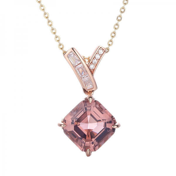 قلادة Asscher Morganite Nano وBaguette من الفضة المكعبة من الزركون الأبيض مع طلاء Rose Glod 