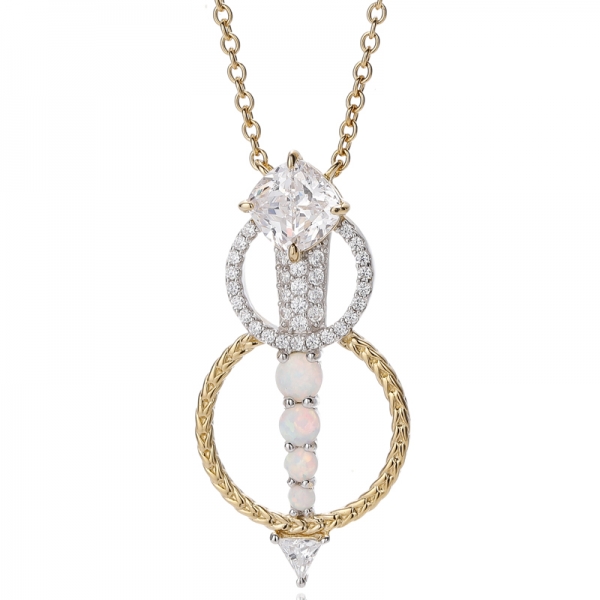 قلادة فضية من حجر الأوبال الأبيض المستدير والزركون المكعب مع طلاء بلونين 