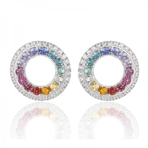 قرط دائري من الفضة المطلية بالروديوم ومرصع بأحجار الزركون المكعبة باللون الأبيض وقوس قزح 