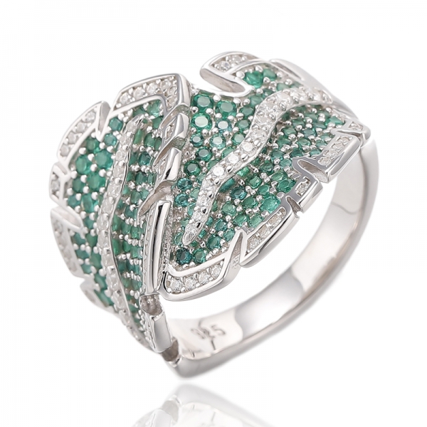 خاتم فضة عيار 925 دائري مرصع بأحجار الزركون النانوية الخضراء والبيضاء المكعبة والروديوم 